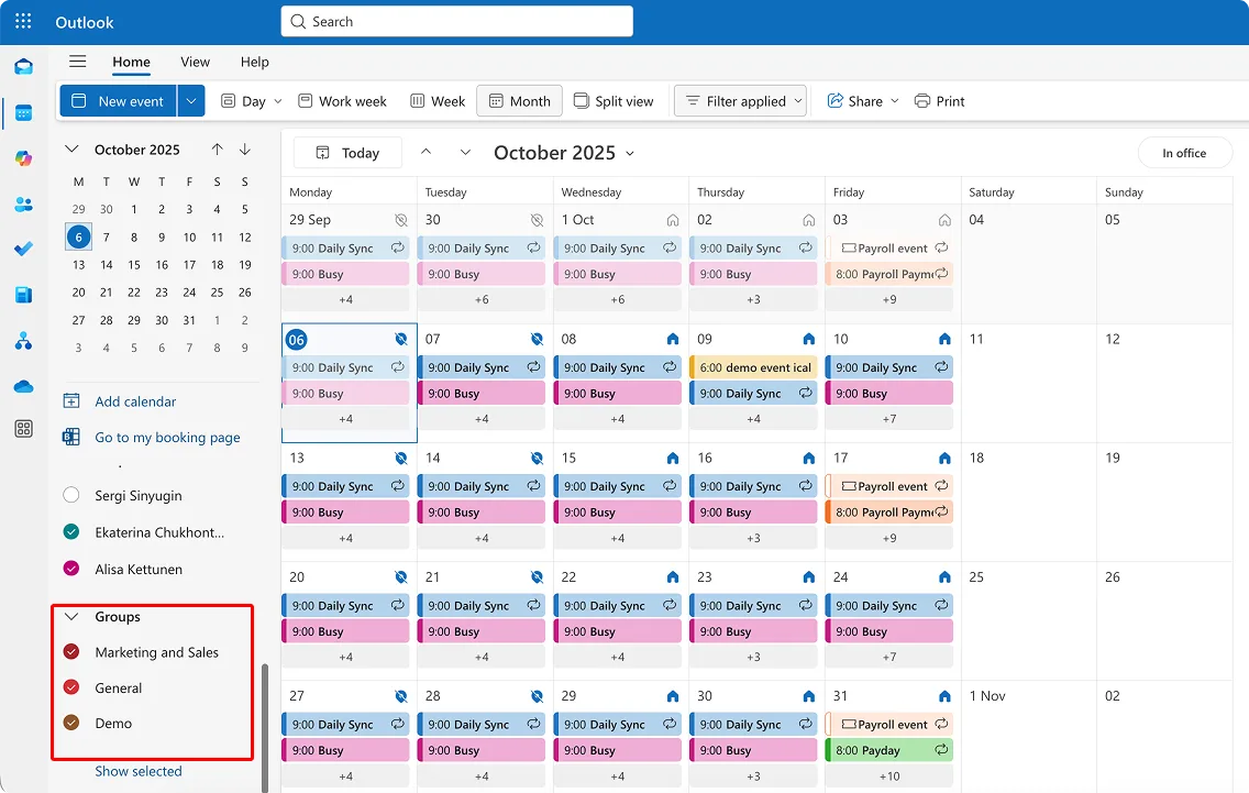 Navigating to group calendars