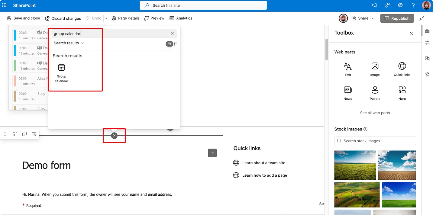 Navigating to the “Group calendar” web part on SharePoint site