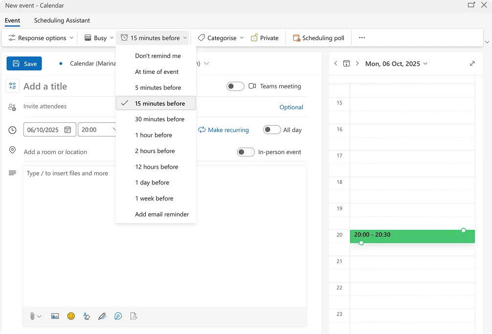 Setting up reminders for events in Outlook