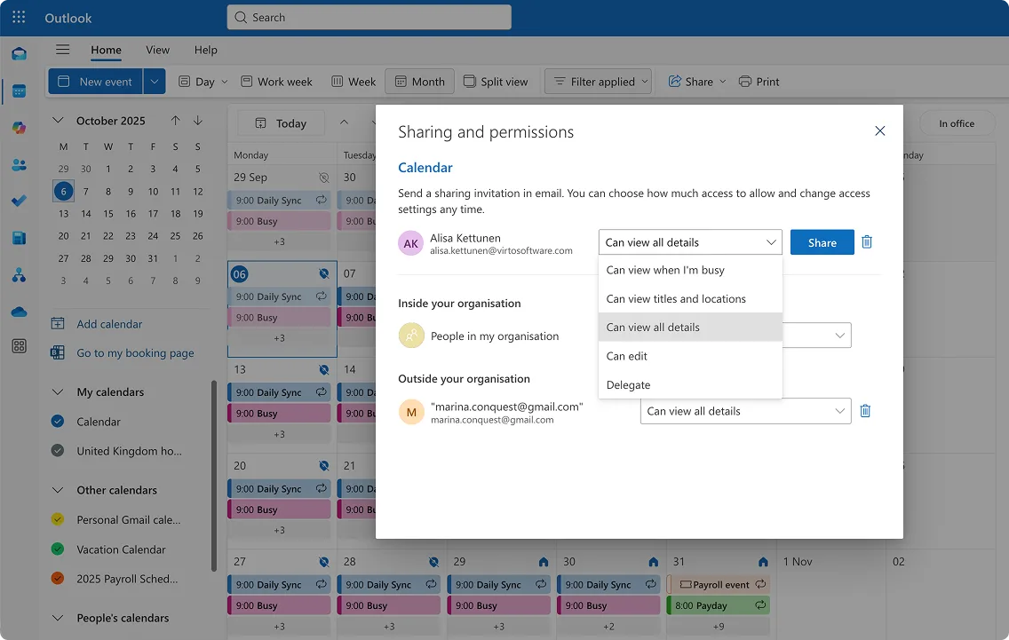 Sharing your calendar with someone and giving them permission
