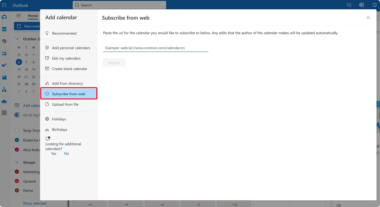 Subscribing to an event from web in Outlook
