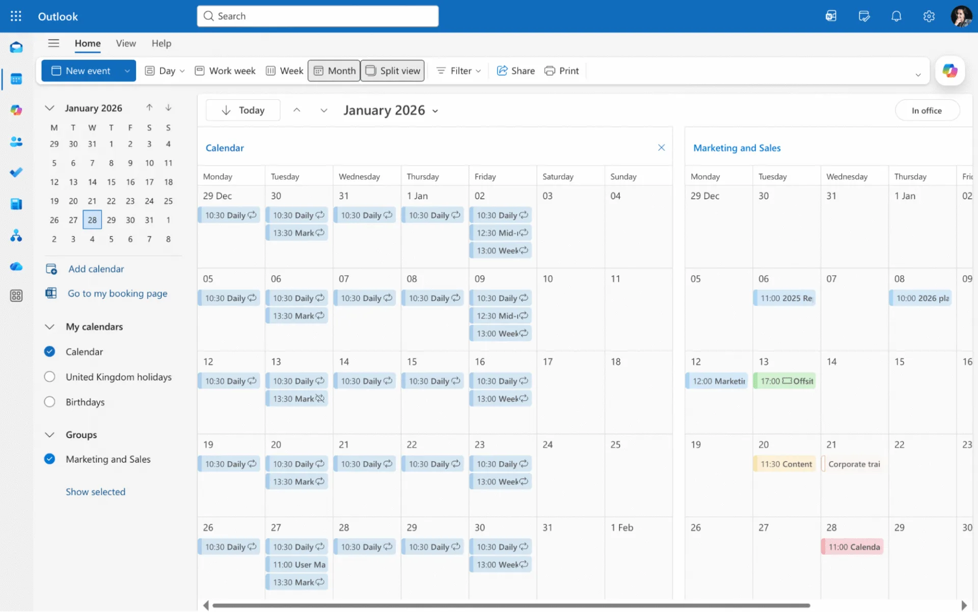 Group calendar in Outlook