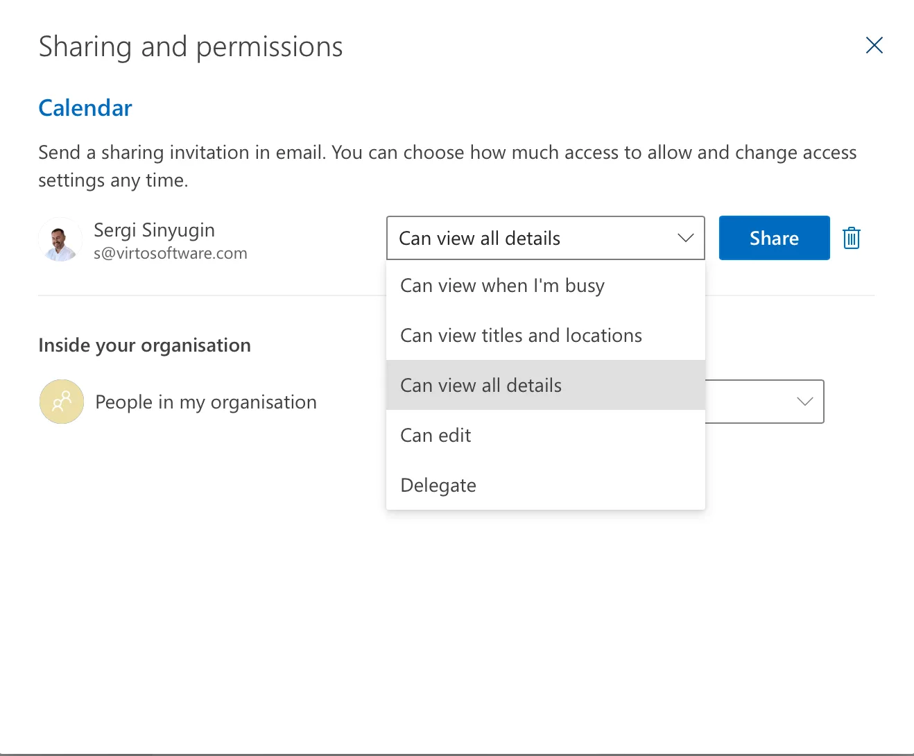Individual permissions in shared calendar in Outlook