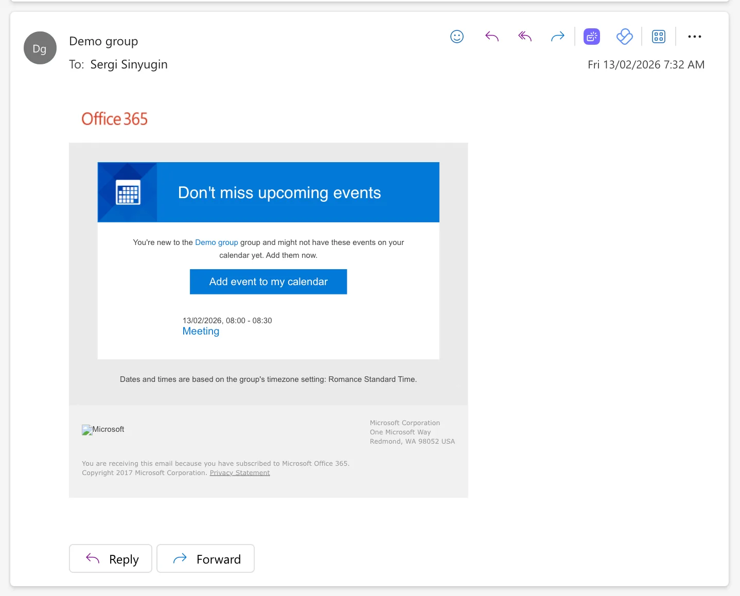 Invitation to group calendar in Outlook