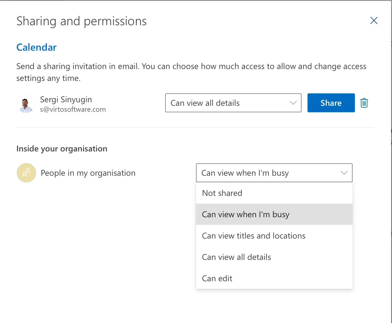 Organization-wide permissions in shared calendar in Outlook